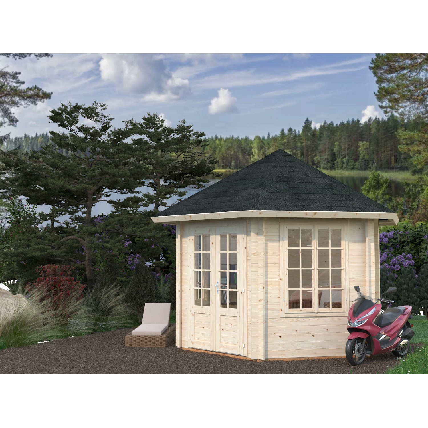 Palmako Holz-Pavillon Hanna, klar imprägniert, mit Fußboden. Gartenlaube aus Fichtenholz mit Doppeltür und Fenstern.