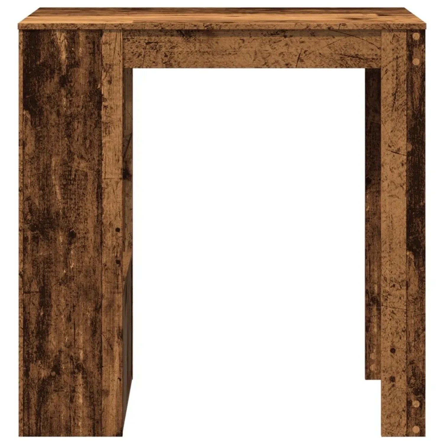 Bartisch in Altholz-Optik aus Holzwerkstoff. Dunkelbrauner Stehtisch mit robuster Oberfläche und integriertem Stauraum.