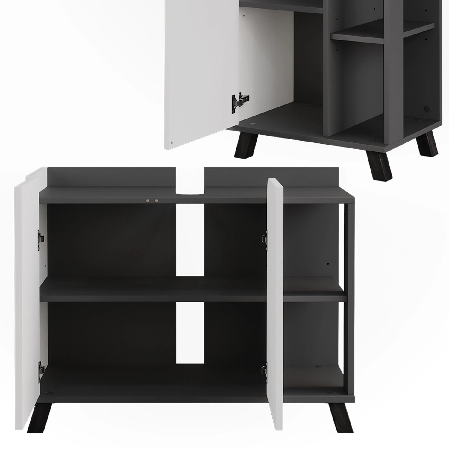 Vicco Badmöbel-Set Karen, Anthrazit/Weiß, 4-teilig mit Waschbeckenunterschrank und Spiegelschrank.