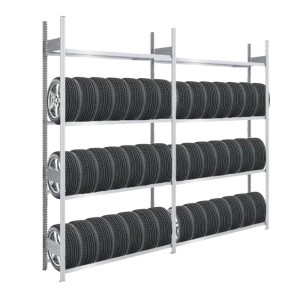 Verzinktes PROREGAL Reifenregal Tire Pro mit 4 Ebenen für bis zu 14 Reifen pro Ebene.