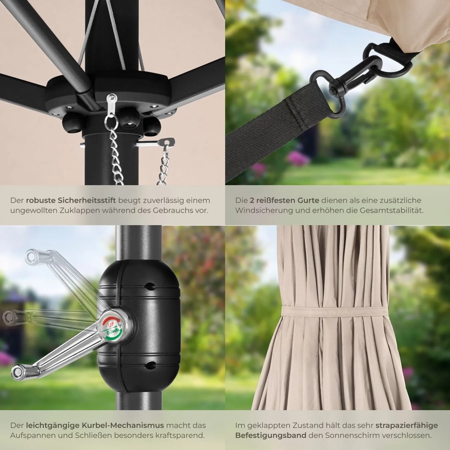 Details des beigen Tectake Sonnenschirms Silia: Kurbel, Windschutz, Sicherheitsstift und Befestigungsband.