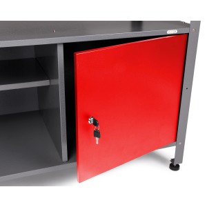 Ondis24 Werkbank Set: Werkstatteinrichtung mit rotem Schrank und Schlüssel.