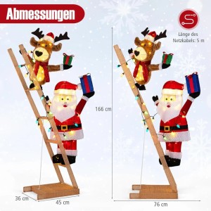 Beleuchtetes Rentier und Weihnachtsmann auf Leiter (166cm) als festliche Weihnachtsdekoration für den Außenbereich.