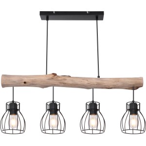 Globo Pendelleuchte Mina, 4-flammig, schwarz-natur, mit Holzbalken und schwarzen Lampenschirmen.