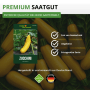 Samenpackung Zucchini 'Gold Rush F1' von Deine Gartenwelt, goldgelbe Zucchini im Hintergrund.