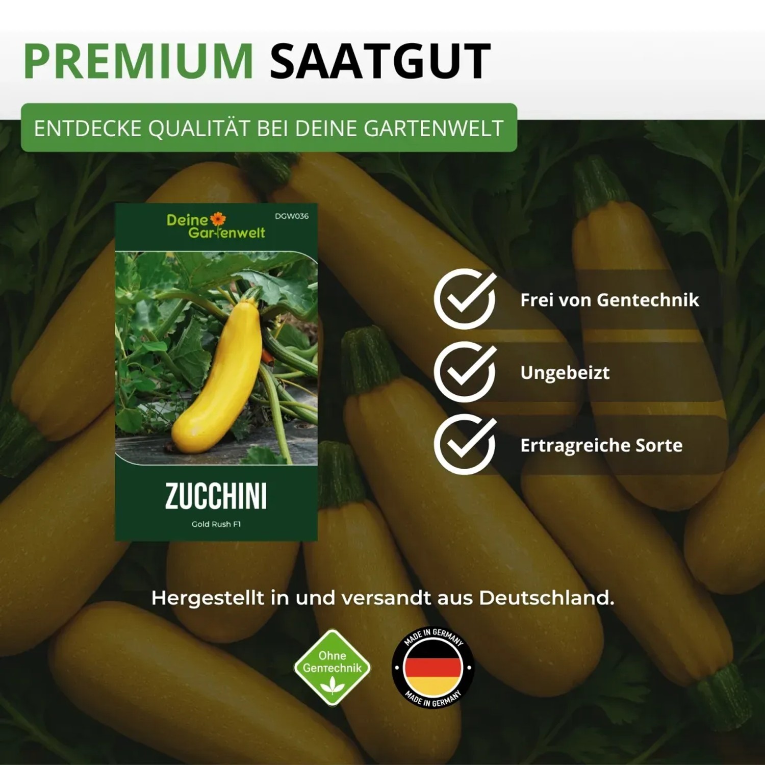 Samenpackung Zucchini 'Gold Rush F1' von Deine Gartenwelt, goldgelbe Zucchini im Hintergrund.