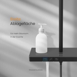 Emke Duschsystem mattschwarz: Detailaufnahme der Ablagefläche mit Seifenspender und Bedienelementen.