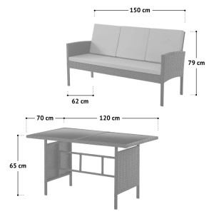 Maßzeichnung Svita Denver Polyrattan Gartenmöbel Set: schwarzes Lounge-Sofa mit grauen Kissen und Esstisch mit Glasplatte für Garten.