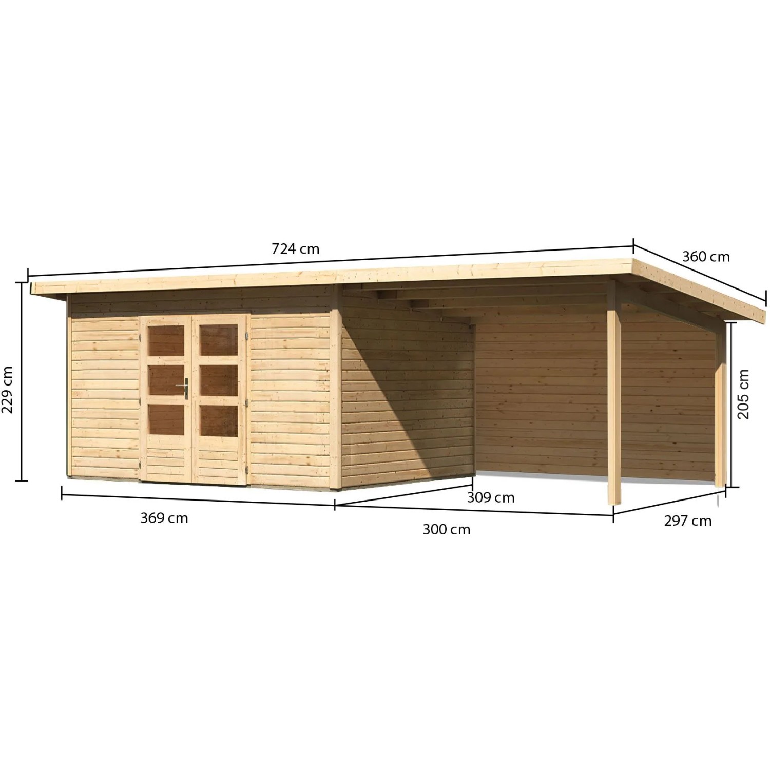 Karibu Holz-Gartenhaus Karlskoga 4, unbehandelt, mit Pultdach und Anbau, Maße: 365x305 cm.