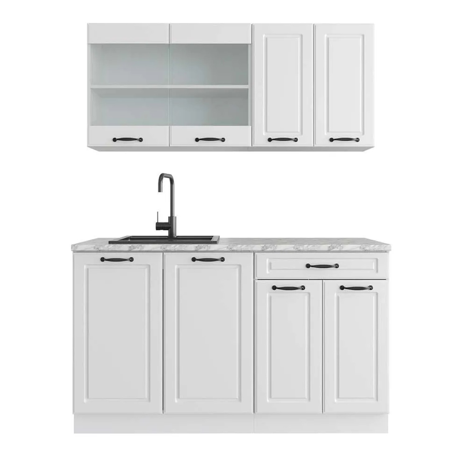 Vicco R-Line Singleküche Weiß Landhaus Weiß 140 cm AP Marmor ohne E-Geräte