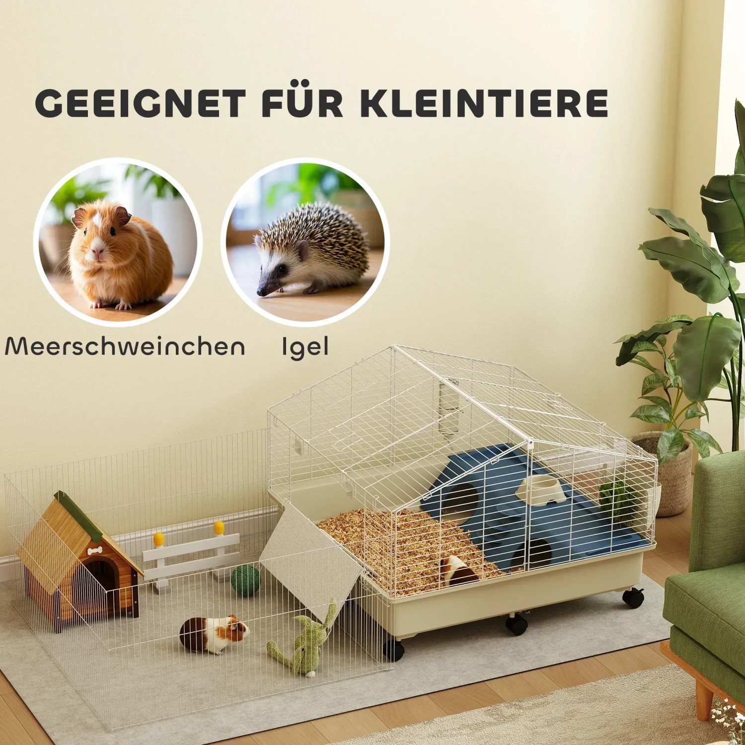 PawHut Kleintierkäfig mit Freilaufgehege, Stahl und Kunststoff, mehrfarbig. Geeignet für Meerschweinchen und Igel.