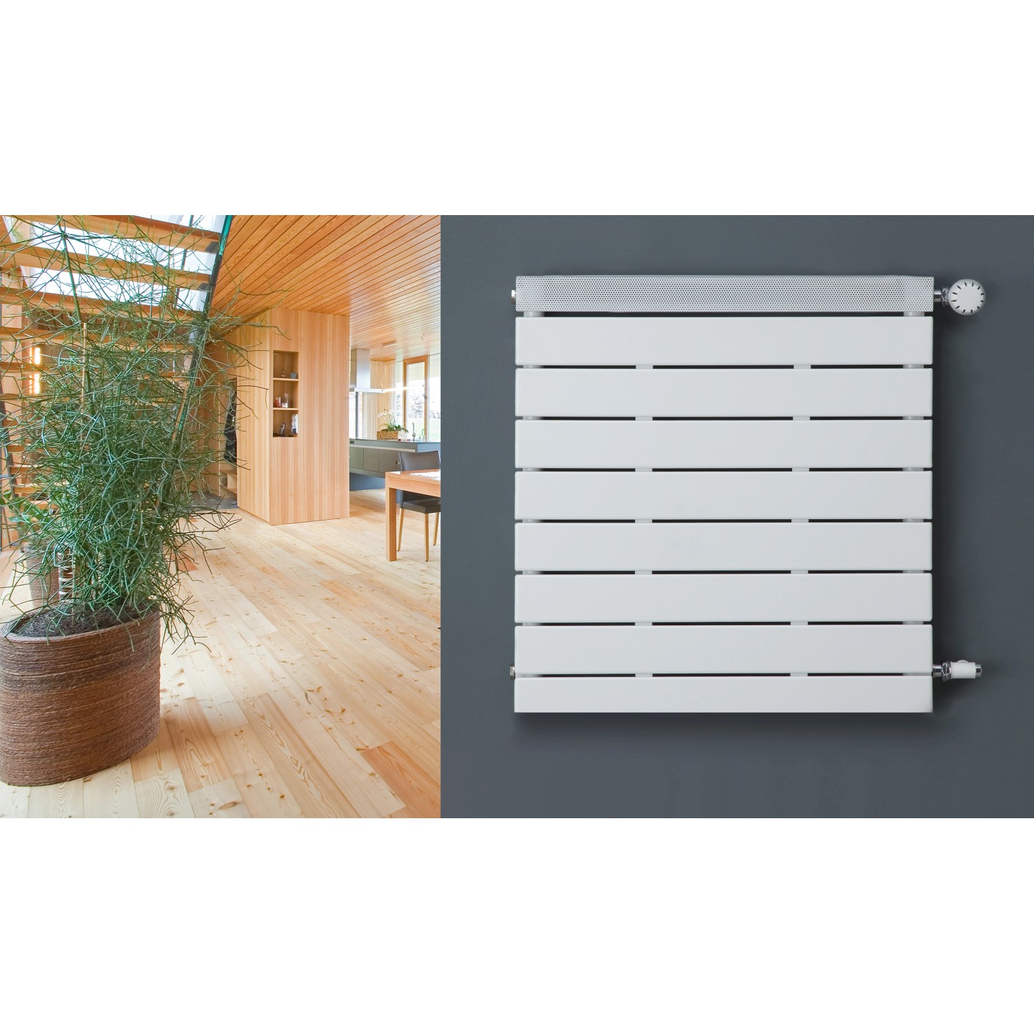 Weißer Ximax Badheizkörper PEP (650x600 mm, 347 Watt) an grauer Wand.