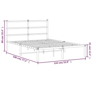 Weißes Metall Bettgestell mit Kopfteil und Lattenrost, Maße 196x142x90 cm. Passend für 135x190 cm Matratze.
