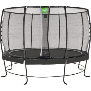 Schwarzes EXIT Lotus Premium Trampolin Ø 366 cm mit Sicherheitsnetz für den Garten.