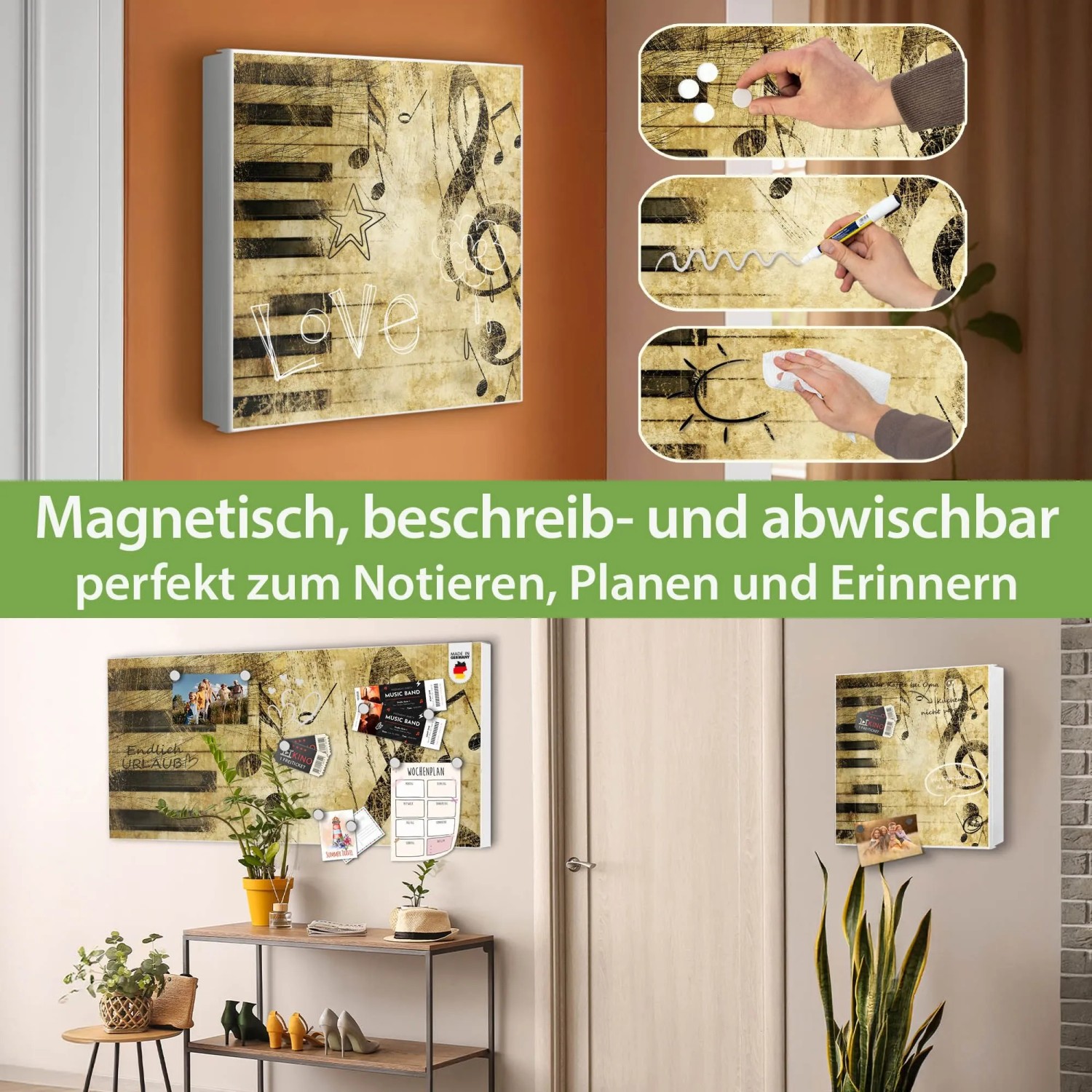 Banjado Großer Schlüsselkasten Metall 30x30cm Weiß Scharnier Rechts 50 Haken Beschreibbar Magnetisch Motiv Music