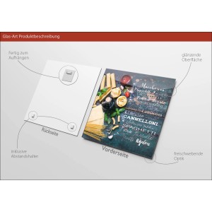 Glasbild Kochkreation II, 20x20 cm, mit Pasta-Motiv und schwebender Optik. Wandbild für die Küche.