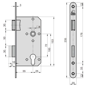 Technische Zeichnung Basi Einsteckschloss ES 925, Maße für Montage und Einbau.