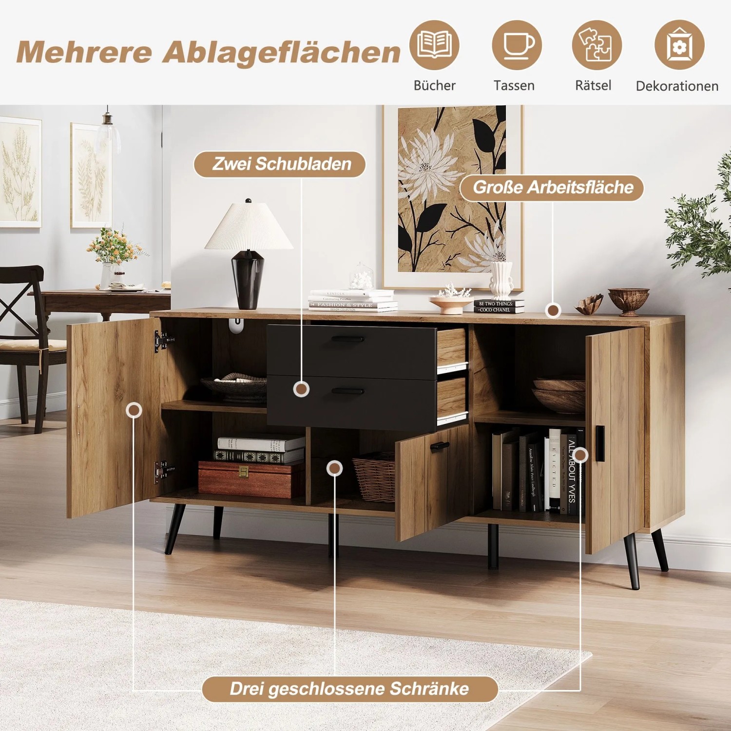 Merax Sideboard 140x35x67 cm Holzoptik/Schwarz mit 3 Türen, 2 Schubladen und 7 Fächern im Wohnzimmer.