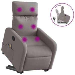 Massagesessel mit Aufstehhilfe, taupefarbener Stoff, mit Vibrationsmassage und Aufstehfunktion.