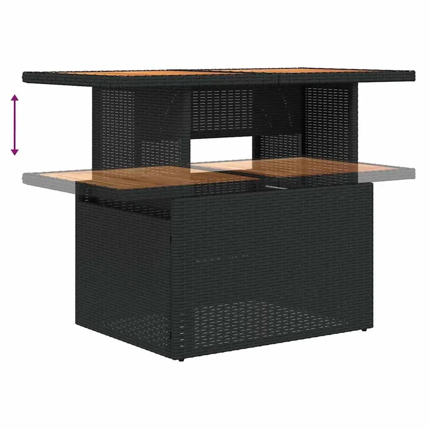 Verstellbarer Gartentisch aus schwarzem Rattan mit Akazienholzplatte, Teil der vidaXL Gartenmöbel-Sets.
