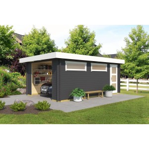 Moderne, carbongraue Lasita Garage Canberra mit Flachdach, Seitentür und Milchglasfenstern.