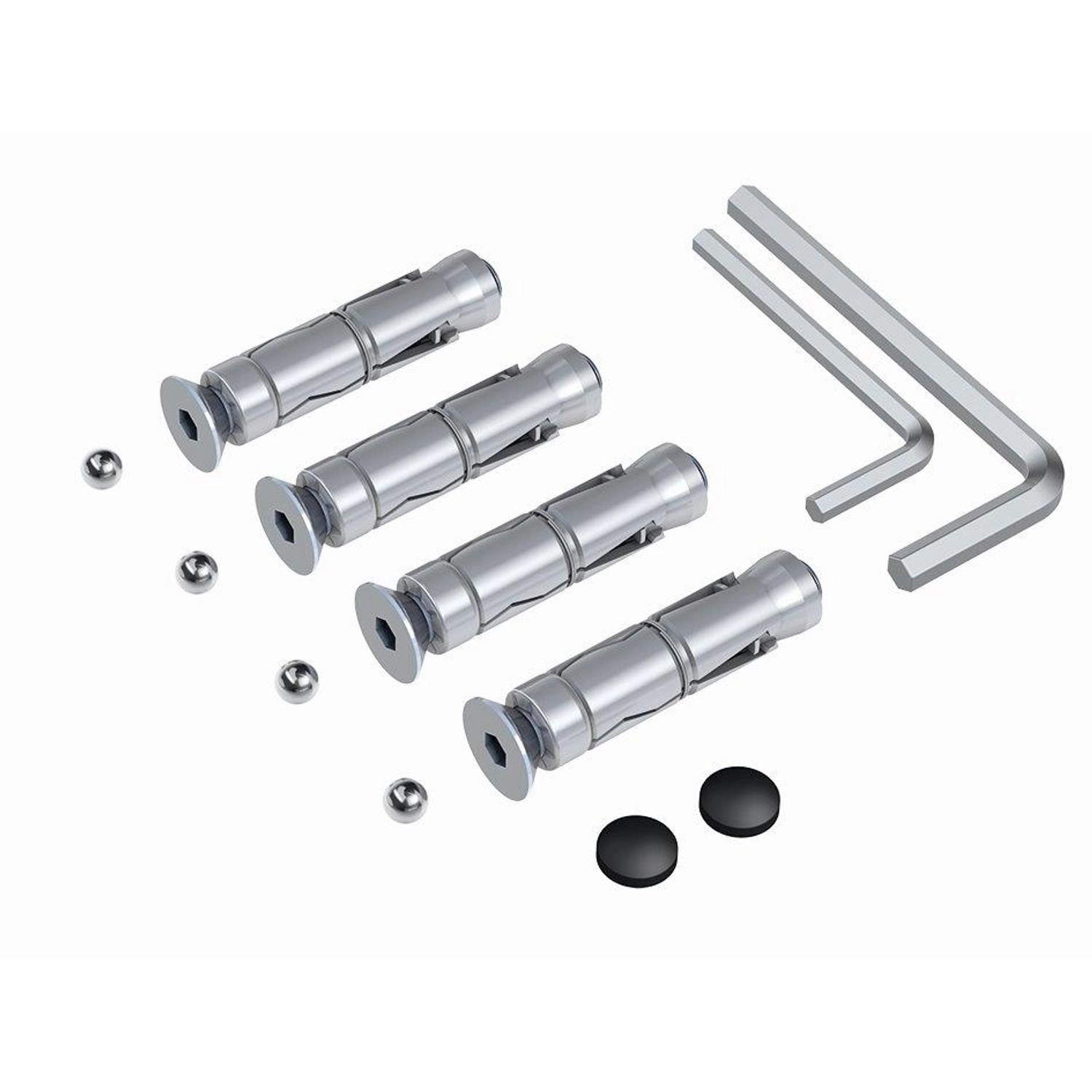 Basi Boden-Wandanker BWA 110 Zubehörset mit Dübeln, Kugeln, Abdeckungen und Inbusschlüsseln.