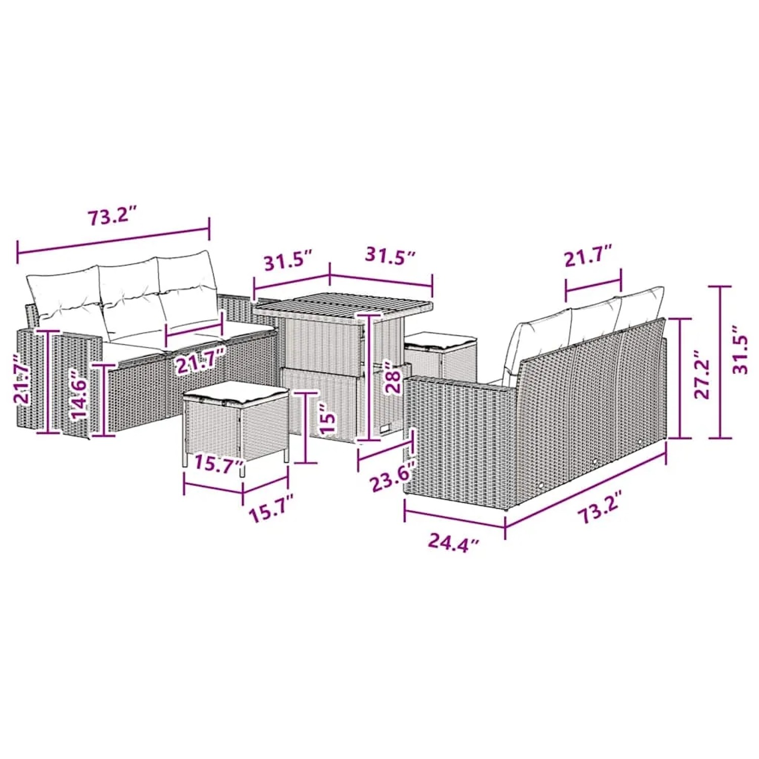 vidaXL Gartenmöbel-Set, 9-teilig, schwarz, Poly Rattan, mit Sofa, Tisch und Hockern.