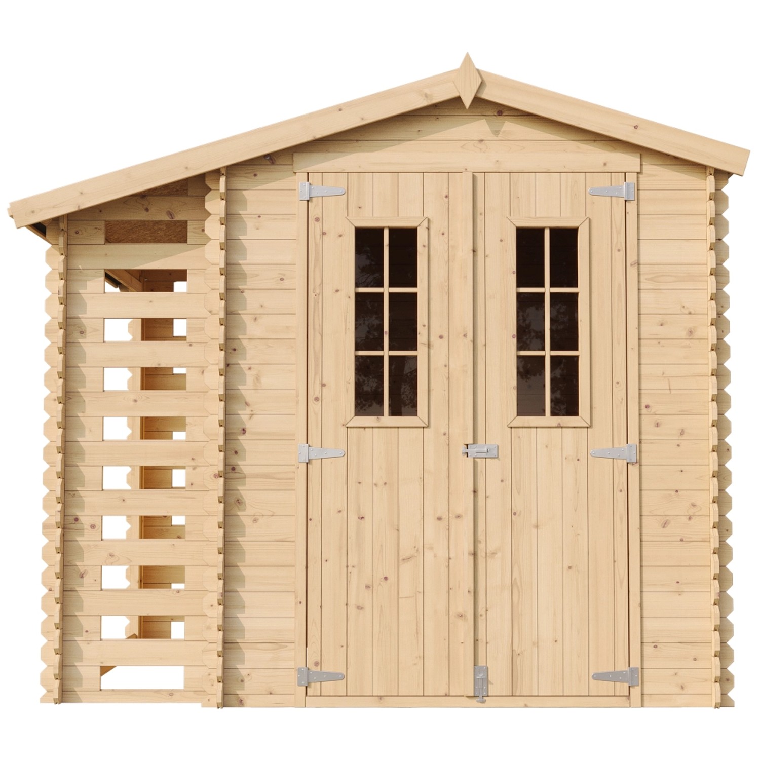 Timbela Holz-Gartenhaus mit Brennholzregal, 4,5 m², unbehandeltes Holz mit Doppeltür und Fenster