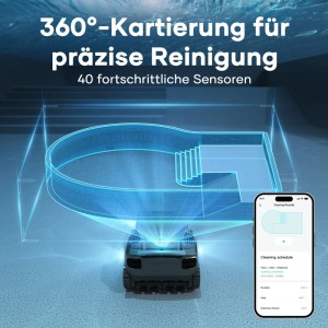Poolroboter Scuba X1 kartiert Pool mit 40 Sensoren für präzise Reinigung. App-Anzeige mit Reinigungsplan.