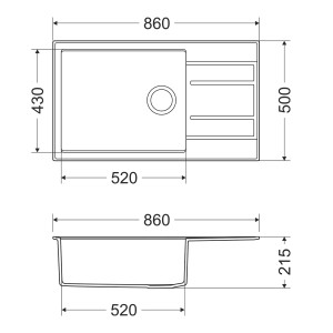 Technische Zeichnung der graphitfarbenen Miló Einbauspüle Luxuria 86 mit Beckenmaßen.