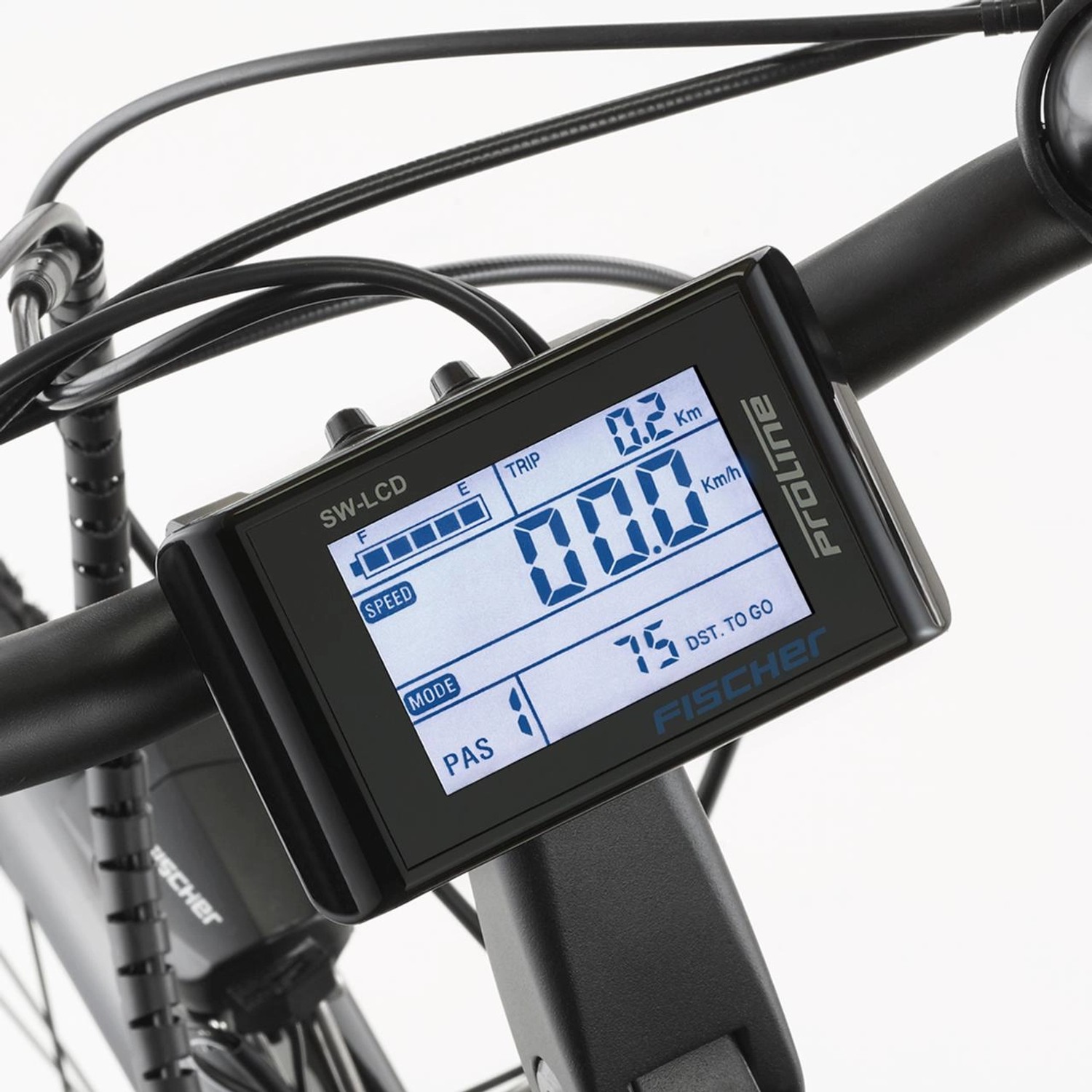 Display des Fischer E-Bike Trekking-Fahrrads ETD 1806 mit Geschwindigkeitsanzeige.