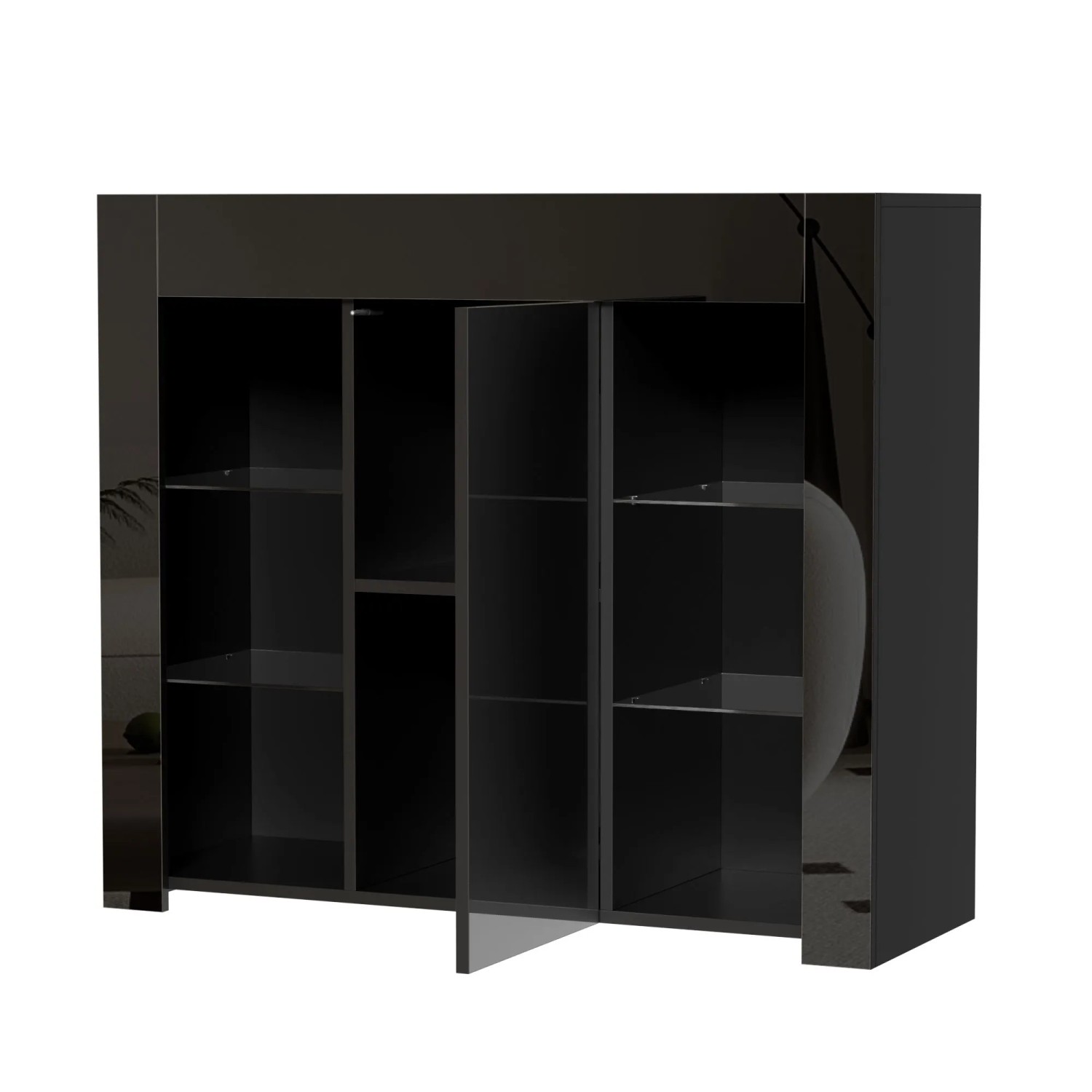 okwish Sideboard mit Glasregalen Wohnzimmer 95x35x83cm Schwarz