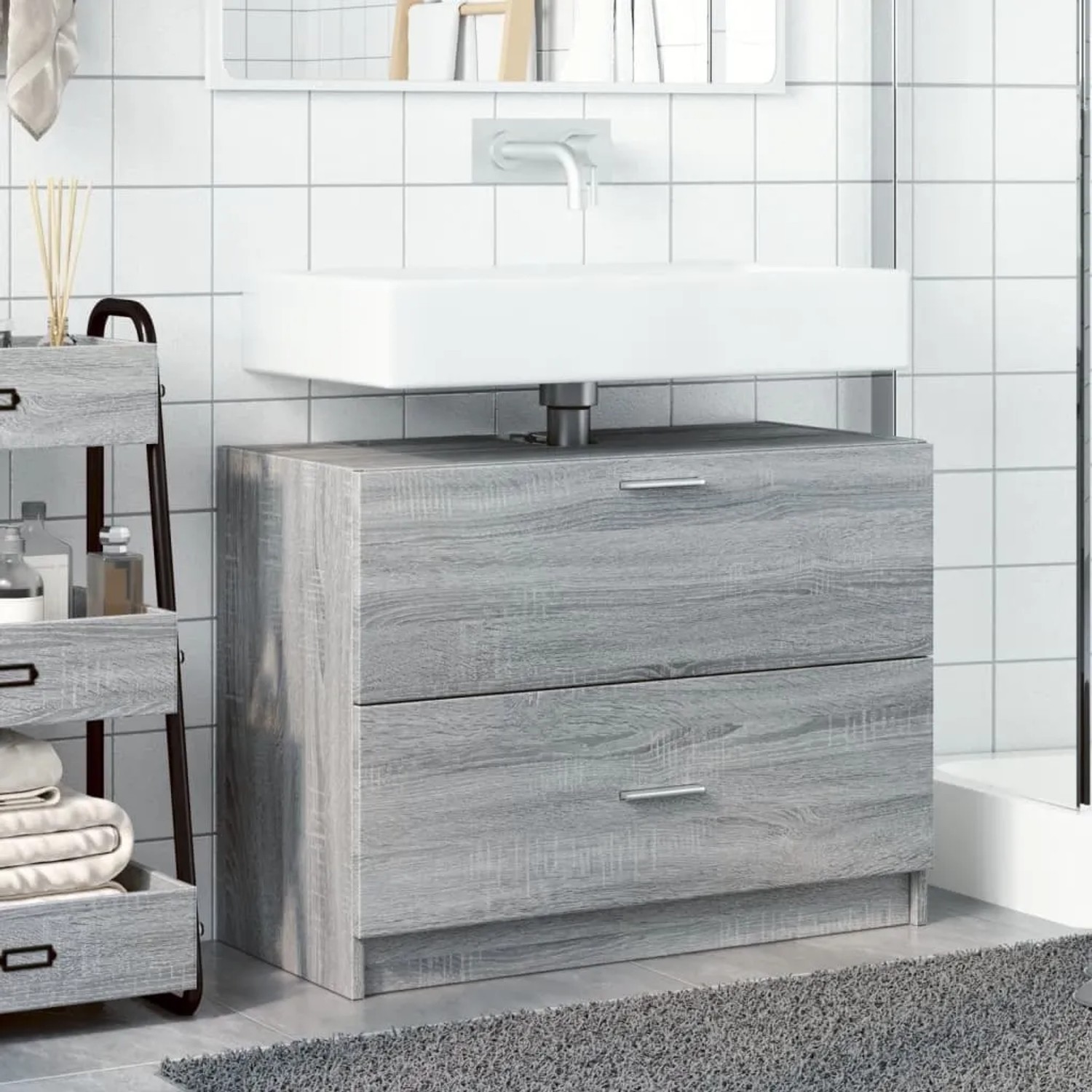 vidaXL Waschbeckenunterschrank, Grau Sonoma, 78x37x59 cm, Holzwerkstoff, mit zwei Schubladen.