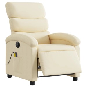 Elektrischer Massagesessel in Creme mit Stoffbezug und ausfahrbarer Fußstütze.