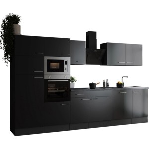 Respekta Küchenzeile Oliver 340 cm in Schwarz mit E-Geräten und Spüle.