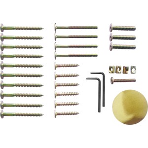 Montage-Set für Gartentisch Chelsea: Schrauben, Muttern, Imbusschlüssel und Abdeckung.