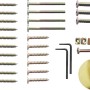 Montage-Set für Gartentisch Chelsea: Schrauben, Muttern, Imbusschlüssel und Abdeckung.