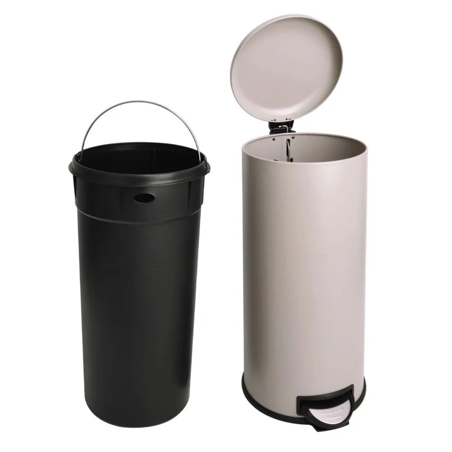 Taupefarbener Svita T30 Treteimer 30L mit offenem Deckel und schwarzem Inneneimer aus Kunststoff daneben.