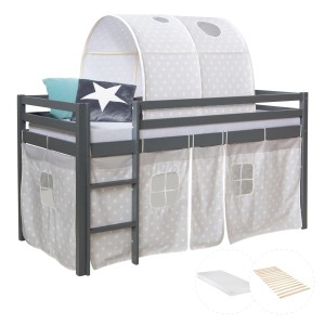 Homestyle4u Kinderhochbett 90x200 Grau mit Lattenrost Matratze 2784