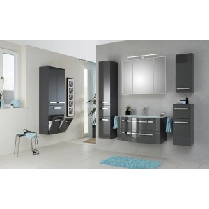 Pelipal Badmöbel-Set Serie 4005, 3-teilig, steingrau hochglanz mit Spiegelschrank und Glaswaschbecken.