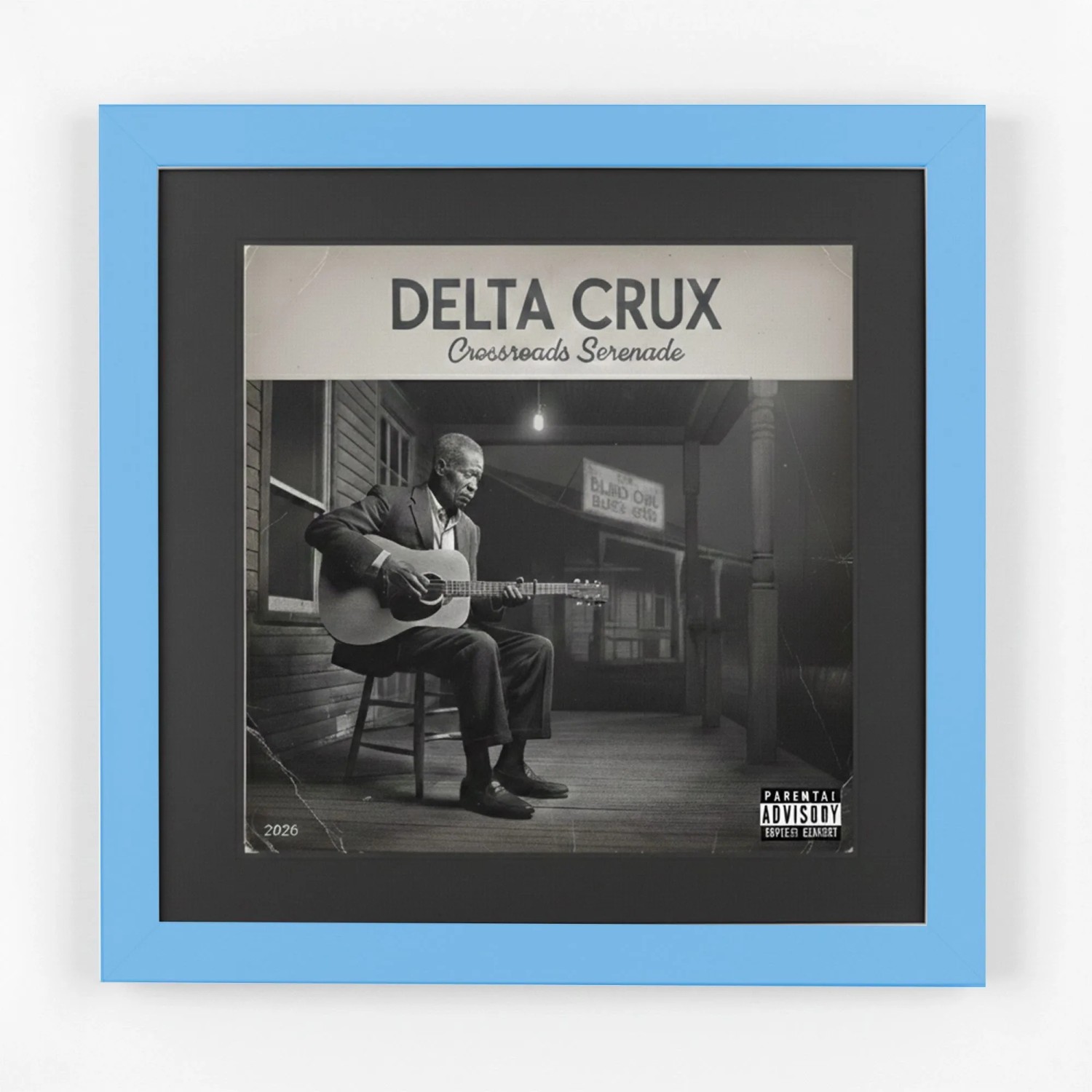 K-Möbel Schallplatten Rahmen Blau 40x40cm mit Schwarzem Passepartout für das Cover