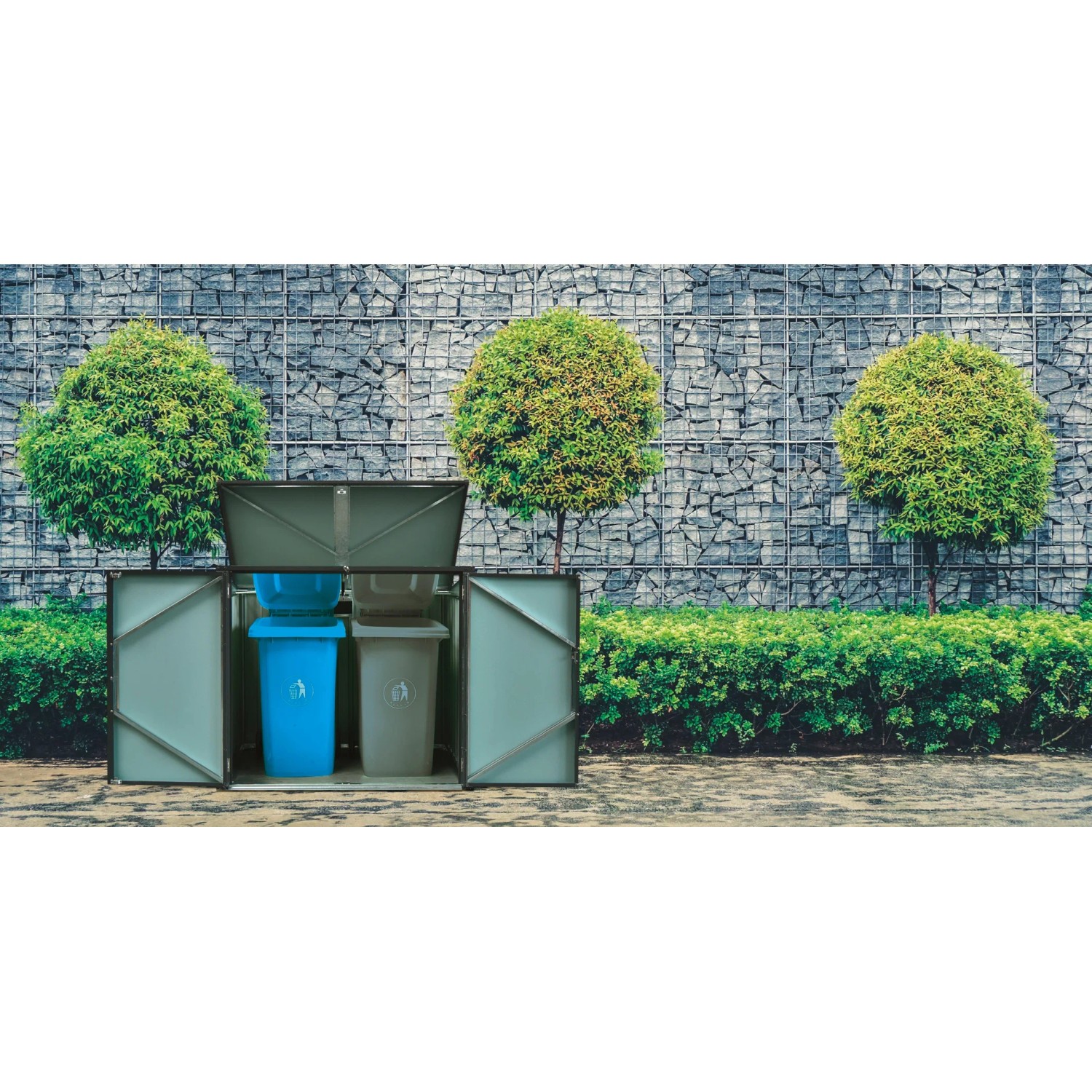 Floraworld Mülleimer-Garage für 2 Tonnen (240L), Stahlblech, anthrazit, mit geöffneten Türen.