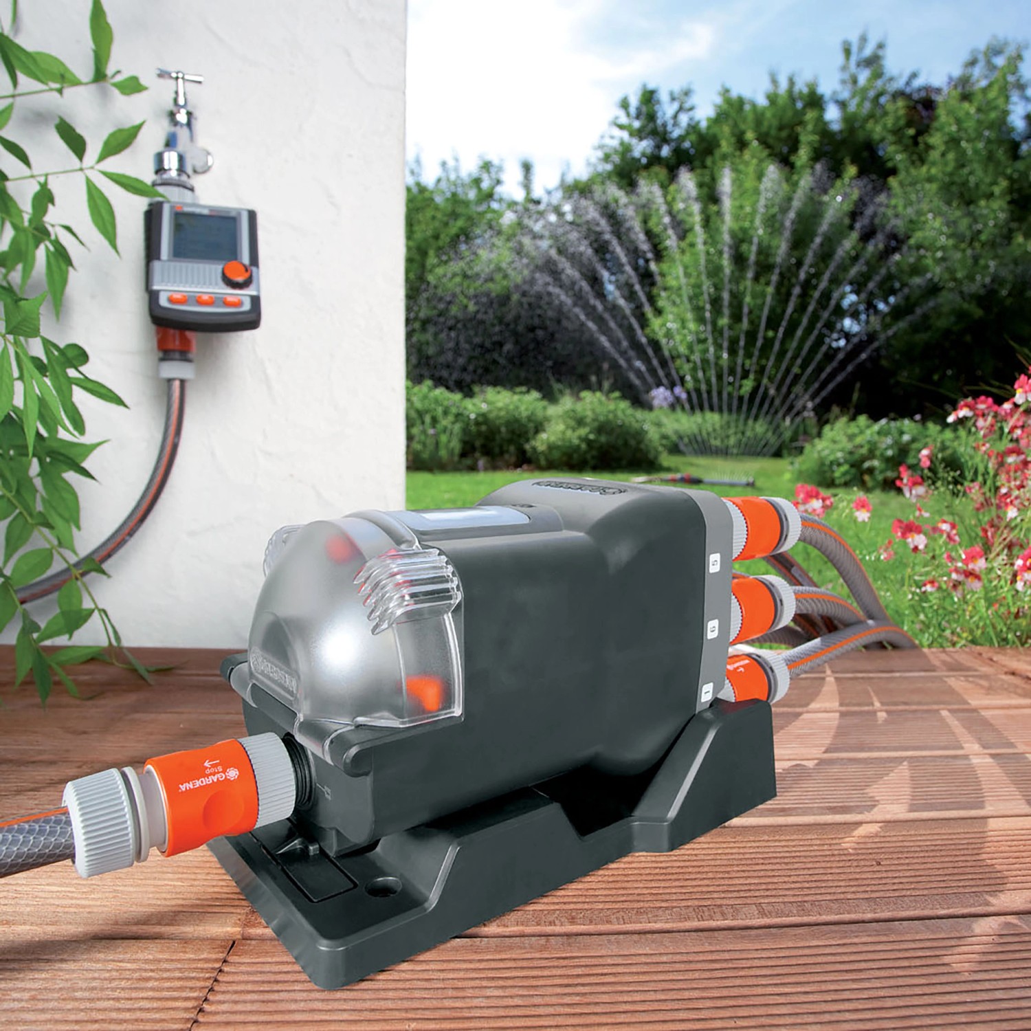 Gardena Wasserverteiler automatic mit 6 Ausgängen im Einsatz mit Bewässerungscomputer.
