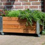 Braunes Dobar Hochbeet Rollfi aus Holz mit Rollen und Pflanzen vor einer Backsteinmauer.