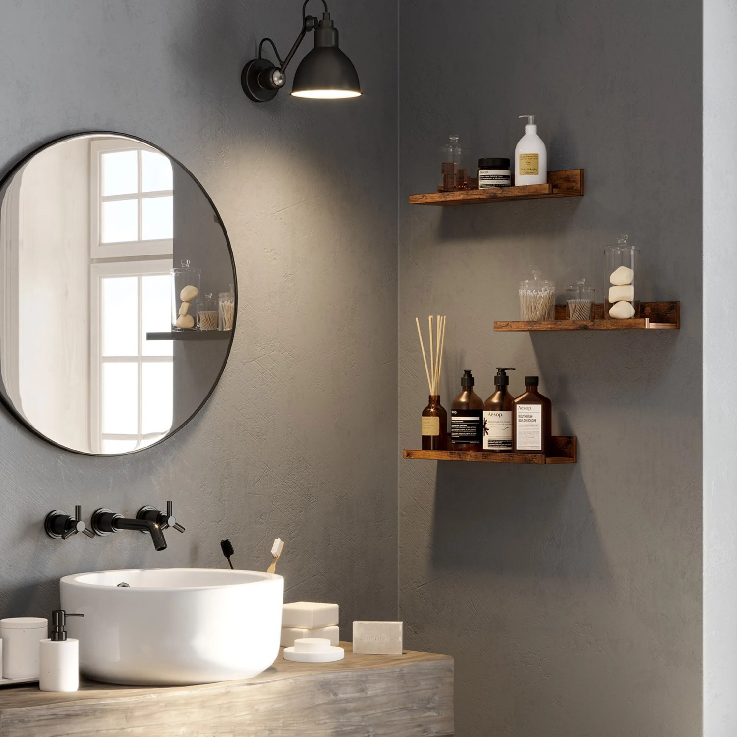 Vasagle Wandregale, 3er Set, 38 cm, braun, zur Dekoration im Badezimmer.