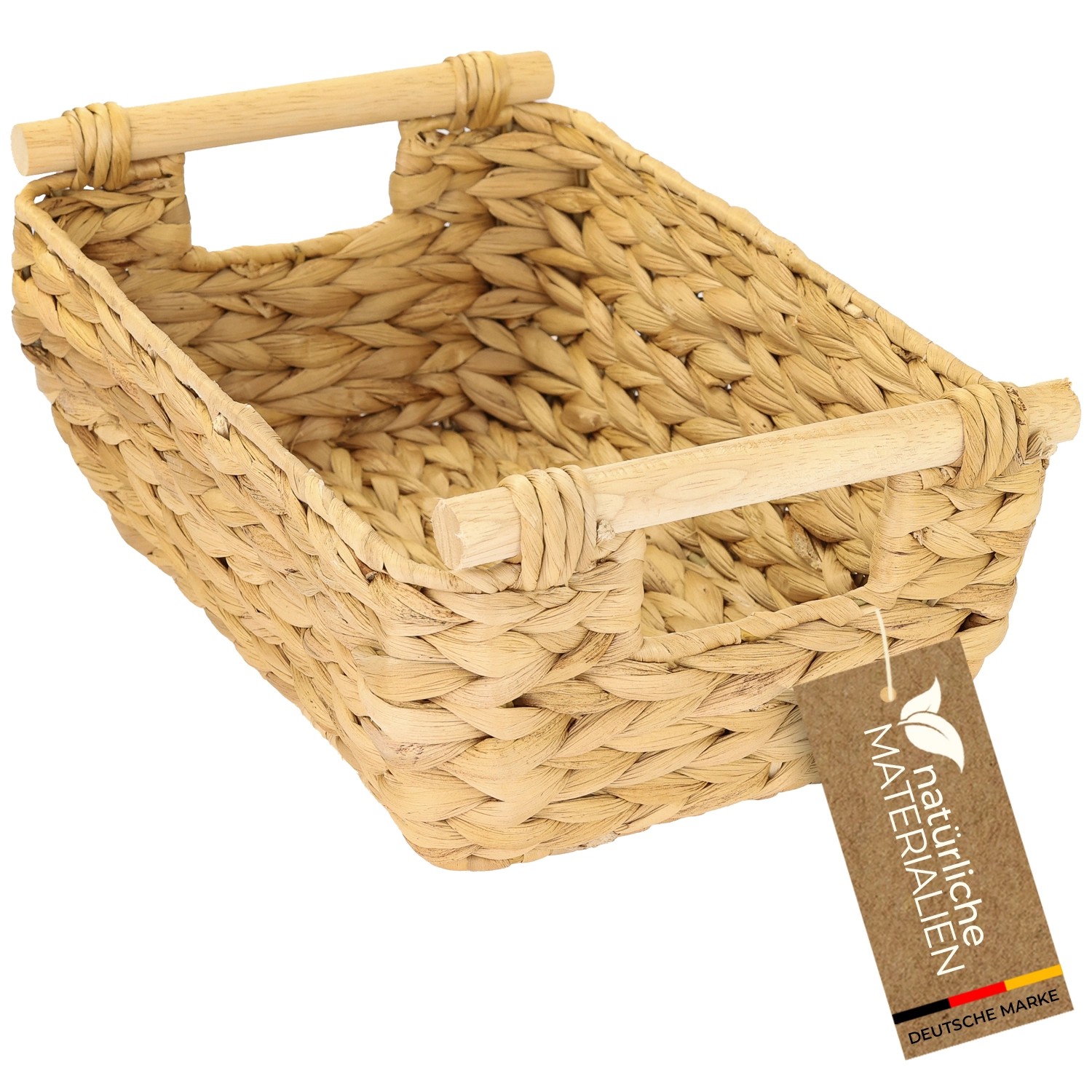 HMF Aufbewahrungskorb Holzgriffen Korb Geflochten Wasserhyazinthe Lang und Bauchig 32 x 22 x 12 cm