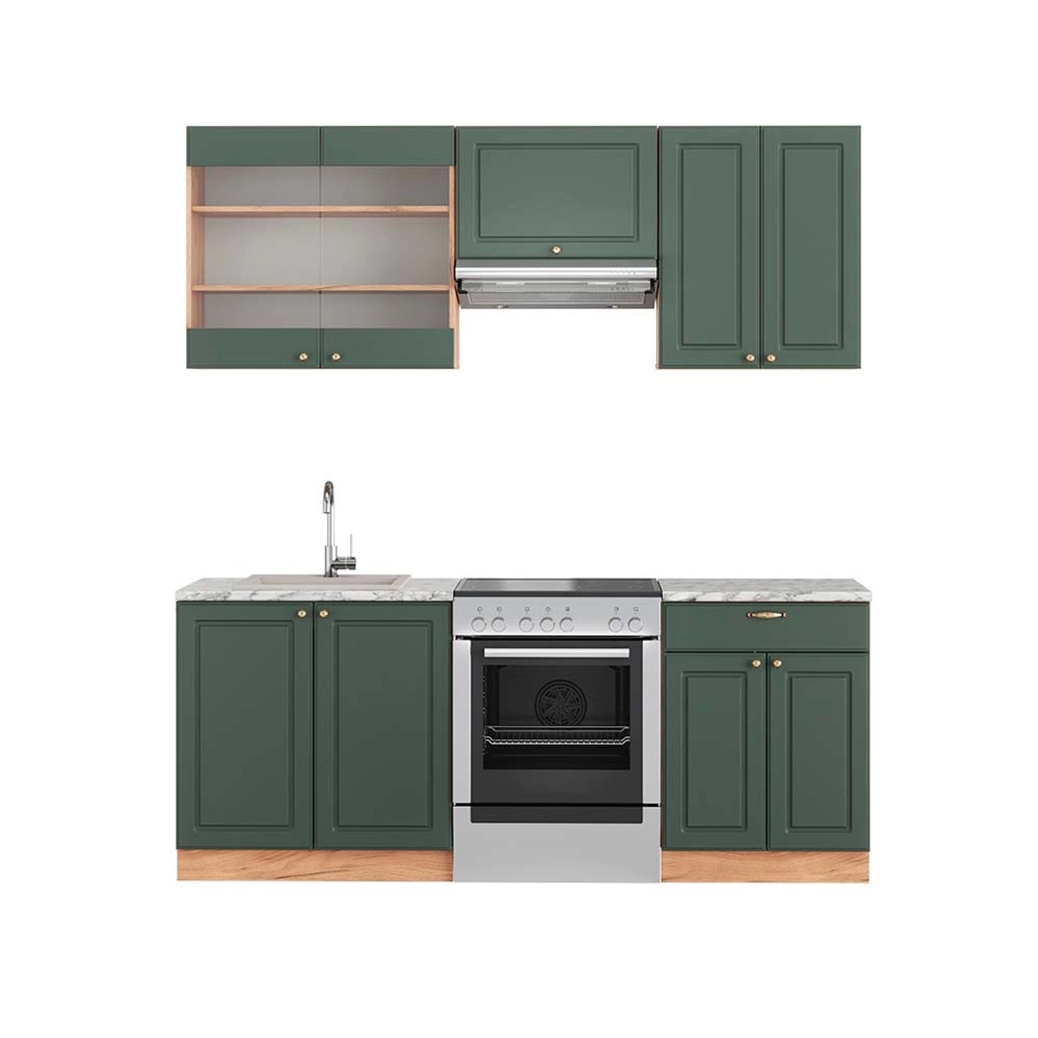 Vicco Fame-Line Küchenschränke Grün-Gold Landhaus/Goldkraft Eiche 200 cm AP günstig online kaufen