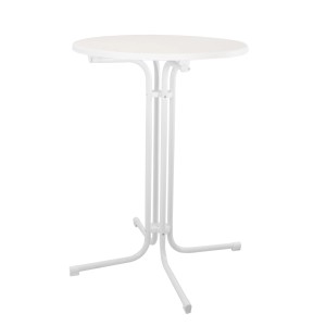 Weißer, klappbarer TRUTZHOLM Stehtisch mit Stahlgestell und runder MDF-Platte (Ø 80cm).