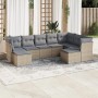 Beige 9-tlg. Garten-Sofagarnitur aus Polyrattan mit grauen Kissen auf einem Teppich im Außenbereich.