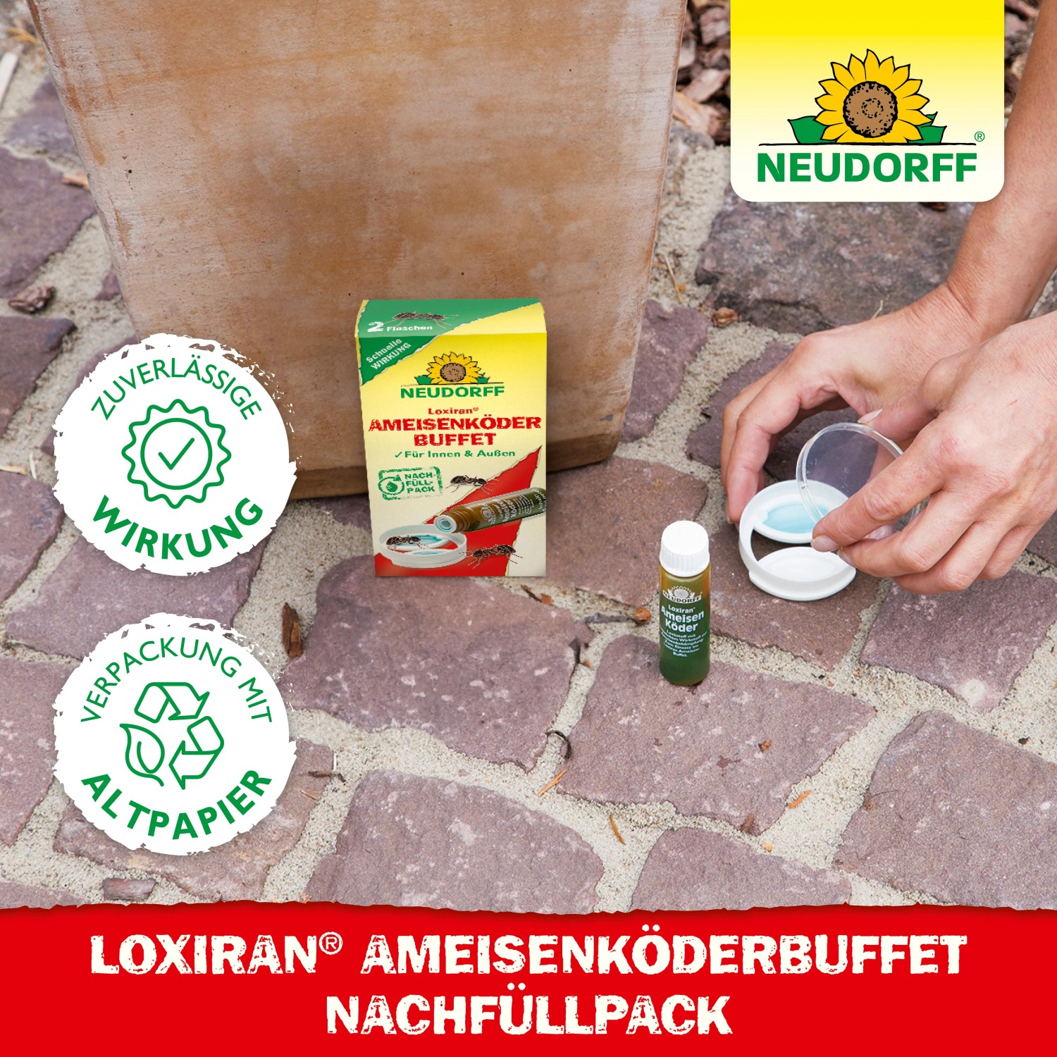 Neudorff Loxiran Ameisenköder Nachfüllpack mit Köderdose und Wirkstoffflasche.